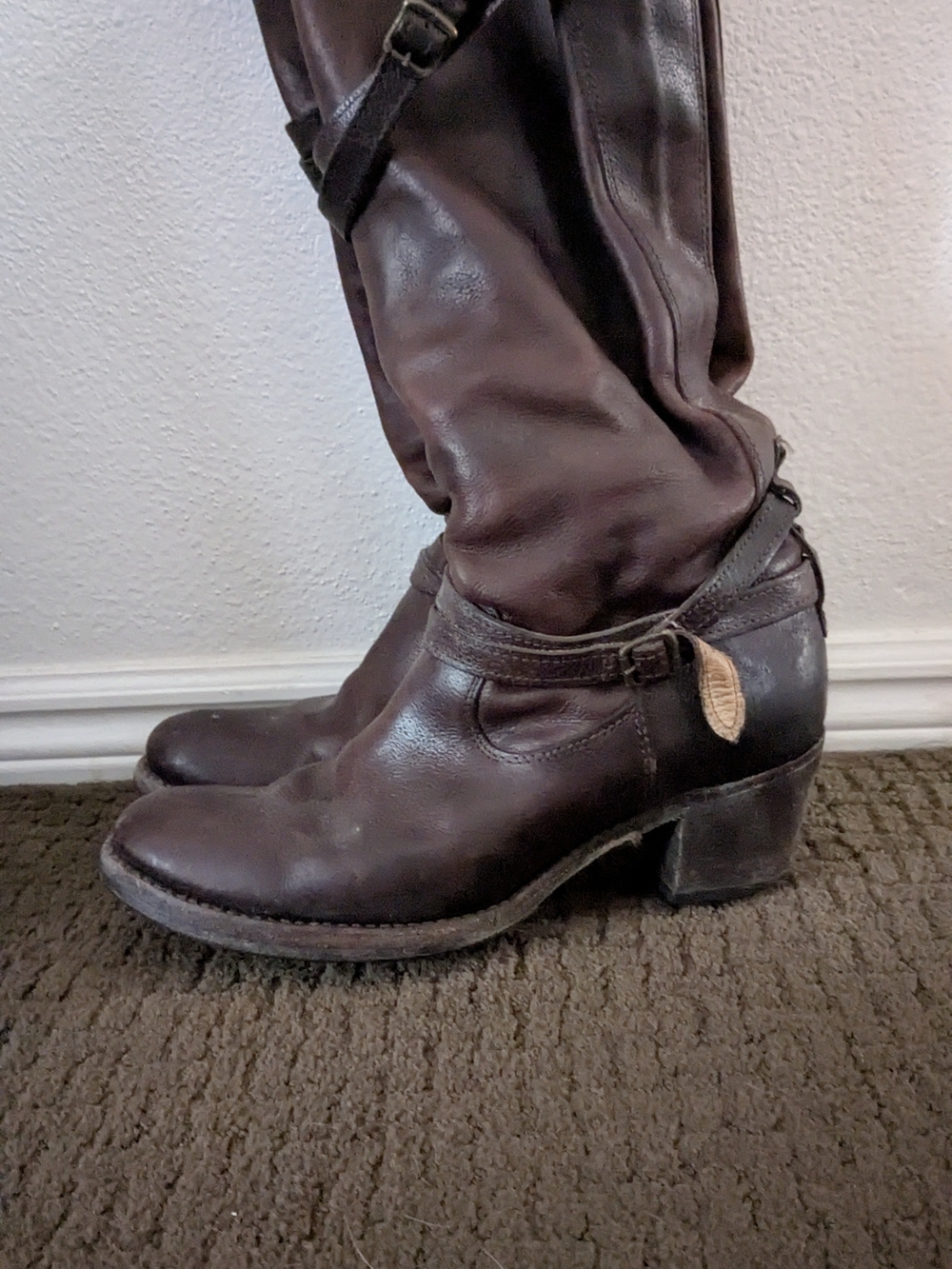 FRYE Belted High Heel Brown Leather Knee High Riding Boots W9.5